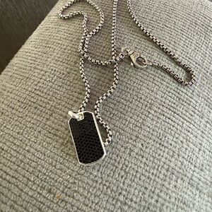 David Yurman Black and Silver sapphire diamonds Dog Tag Necklace 27mm NEW